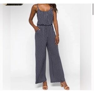 Kaileigh Navy Blue White Teardrop Print Spaghetti Strap Jumpsuit XSP Petite